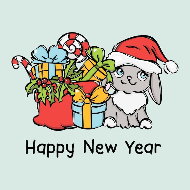 Carte De Nouvelle Année Lapin Mignon Dans Le Vecteur De Cadeaux De Santa Hat