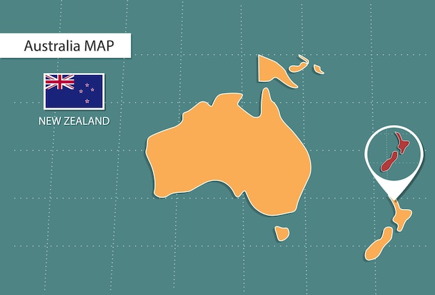 Carte De La Nouvelle-zélande En Australie Icônes De La Version Zoom Montrant L'emplacement Et Les Drapeaux De La Nouvelle-zélande