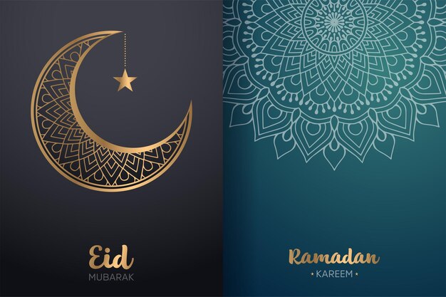 Carte Ornementale Eid Mubarak Et Ramadan Kareem Avec Mandala Et Croissant De Lune.