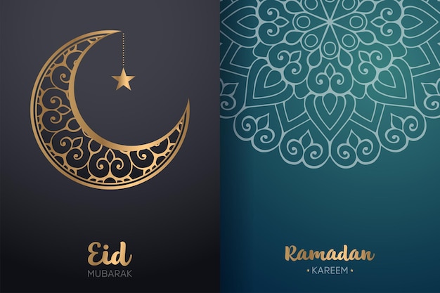 Carte Ornementale Eid Mubarak Et Ramadan Kareem Avec Mandala Et Croissant De Lune.