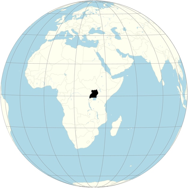 Vecteur la carte de l'ouganda, en bonne place dans la projection orthographique de la carte du monde, présente une faune abondante.