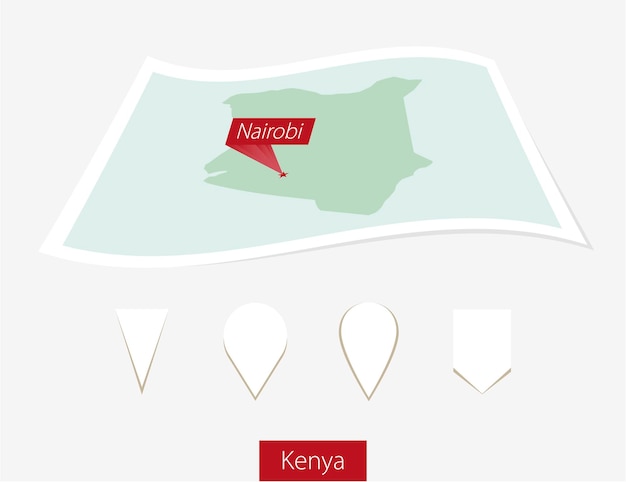 Vecteur carte papier incurvée du kenya avec la capitale nairobi sur fond gris quatre cartes différentes avec des épingles illustration vectorielle
