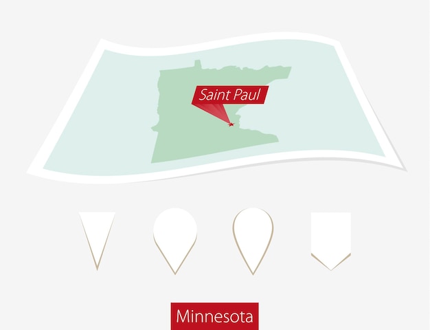 Vecteur carte en papier incurvée de l'état du minnesota avec la capitale saint paul