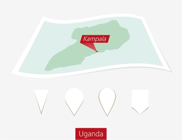 Vecteur carte en papier incurvée de l'ouganda avec la capitale kampala sur fond gris quatre cartes différentes avec des épingles illustration vectorielle