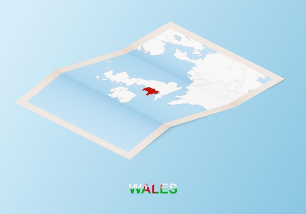 Carte papier pliée du Pays de Galles avec les pays voisins en style isométrique