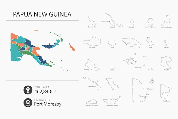 Vecteur carte de la papouasie-nouvelle-guinée avec carte détaillée du pays éléments cartographiques des superficies totales des villes et de la capitale