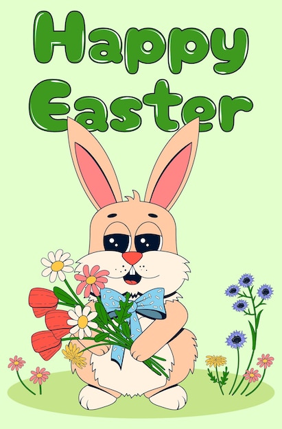 Carte de Pâques dans le style de dessin animé rétro Lapin avec un bouquet de fleurs sauvages