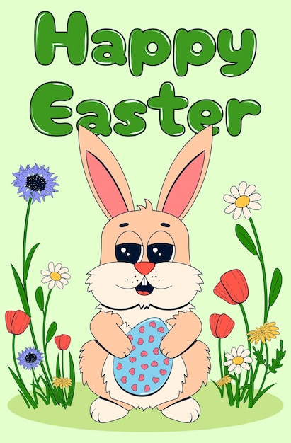 Carte de Pâques dans le style de dessin animé rétro Un lapin avec un œuf de Pâque se tient au milieu d'une pelouse de fleurs