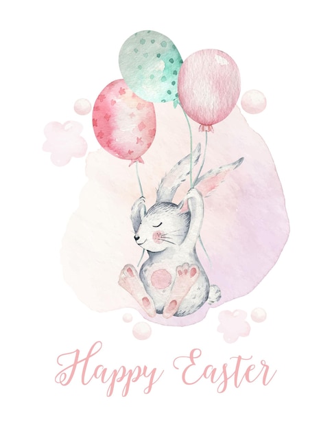Carte de Pâques lapin aquarelle mignon Illustration dessinée à la main
