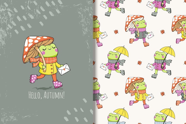 Carte De Personnage De Grenouille Mignonne Automne Et Modèle Sans Couture