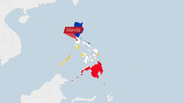 Carte Des Philippines Mise En évidence Dans Les Couleurs Du Drapeau Des Philippines Et épingle De La Capitale Manille