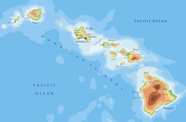 Vecteur carte physique très détaillée d'hawaï avec étiquetage