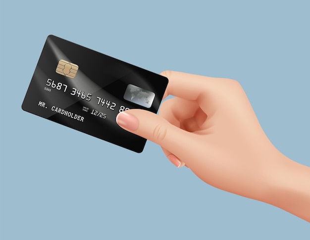 Carte plastique en main. Homme d'affaires détenant des cartes de débit bancaires financières personnes nfs payant des illustrations vectorielles réalistes. Carte d'identité financière, outil d'achat bancaire pour le commerce de détail