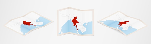 Carte pliée du Myanmar en trois versions différentes.