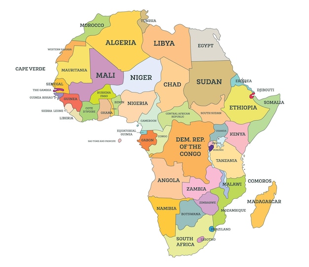 Carte Politique De La Carte De L'afrique Avec Le Nom Des Pays Isolé Sur Blanc