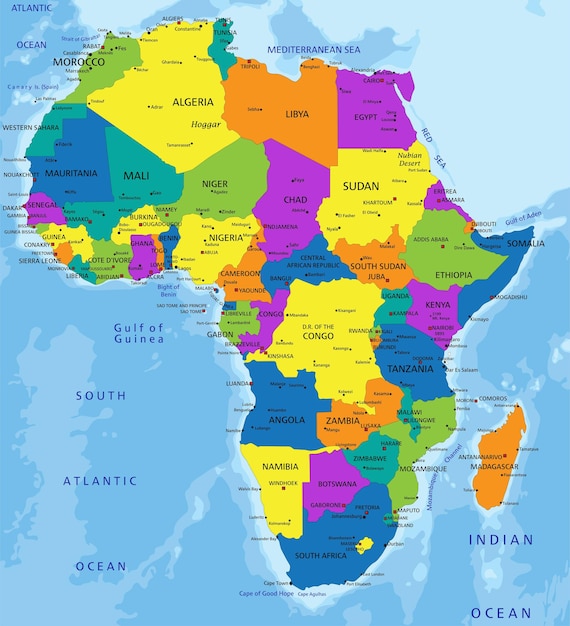 Vecteur carte politique colorée de l'afrique avec des couches séparées clairement étiquetées illustration vectorielle