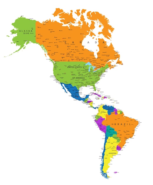 Carte politique colorée des Amériques avec des couches séparées clairement étiquetées Illustration vectorielle