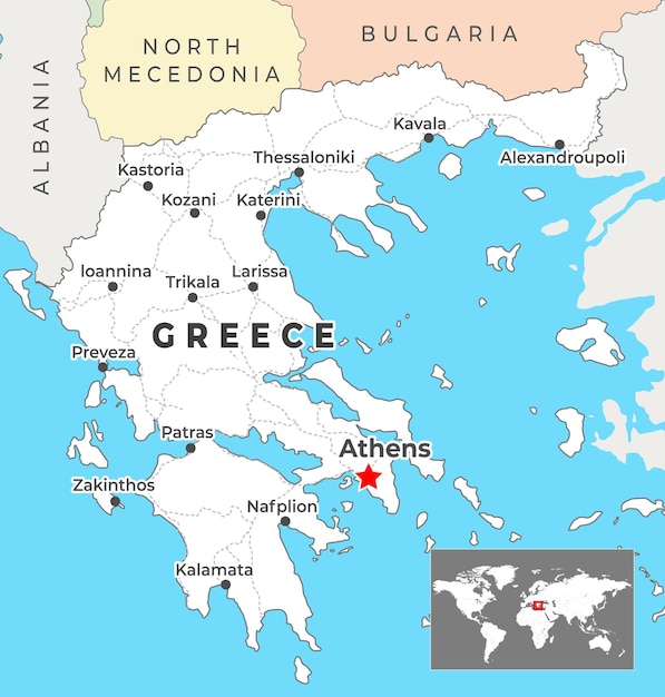 Vecteur carte politique de la grèce avec la capitale athènes, les villes les plus importantes et les frontières nationales