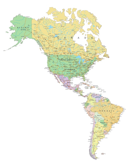 Vecteur carte politique modifiable très détaillée des amériques avec étiquetage