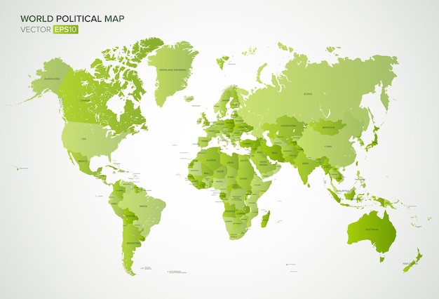 Carte politique vectorielle avec les noms de tous les pays en illustration vectorielle de dégradé vert