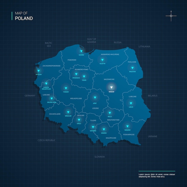 Carte De La Pologne Avec Des Points De Néon Bleu