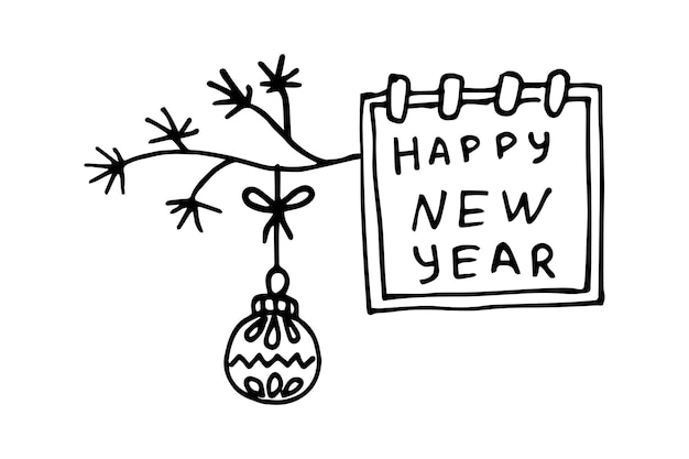 Carte postale de bonne année avec une branche et une balle dans un style doodle