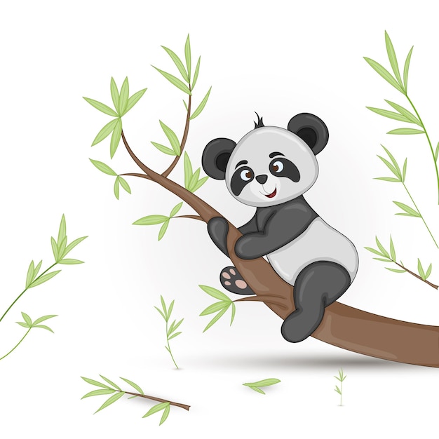 Carte Postale Cadeau Avec Fond Floral Décoratif D'animaux De Dessin Animé Panda Avec Des Branches Et Des Plantes