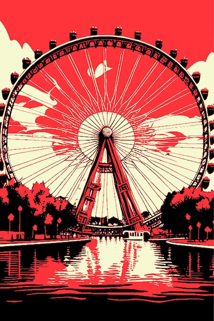 Vecteur carte postale de couleur rouge vectorielle dans un style rétro urss avec une grande roue dans le parc