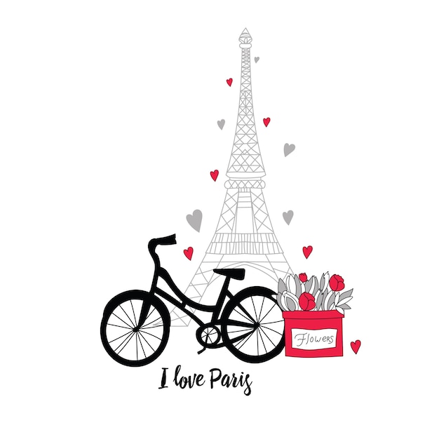 Vecteur carte postale dans le style de paris. tour eiffel, vélo, fleurs et coeurs.