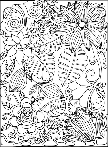 Carte postale dessinée à la main en ligne mince en noir et blanc avec des fleurs tropicales, de la jungle, des feuilles de palmier