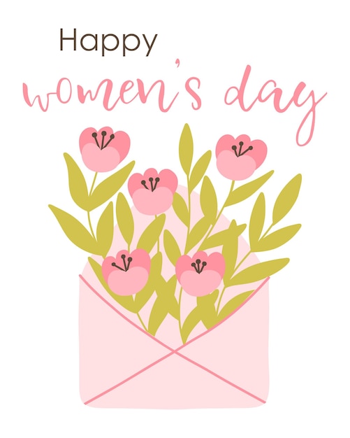 Carte postale Happy Womens Day Illustration vectorielle Style plat dessiné à la main Carte de printemps avec enveloppe et fleurs Affiche mignonne pour la Journée de la femme