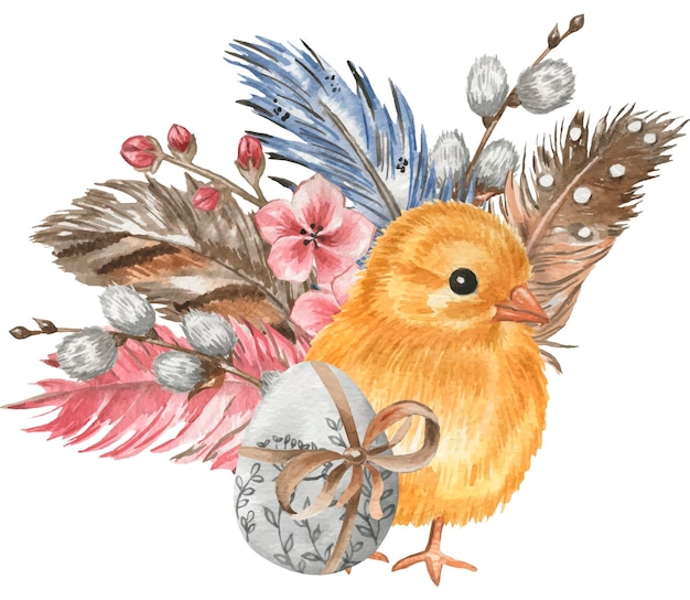 Carte Postale Illustration Aquarelle Pâques Avec Poussin Clipart Numérique