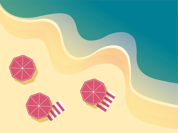 Vecteur carte postale imprimée vectorielle vue de dessus de la plage, des vagues de la mer et des parasols rouges