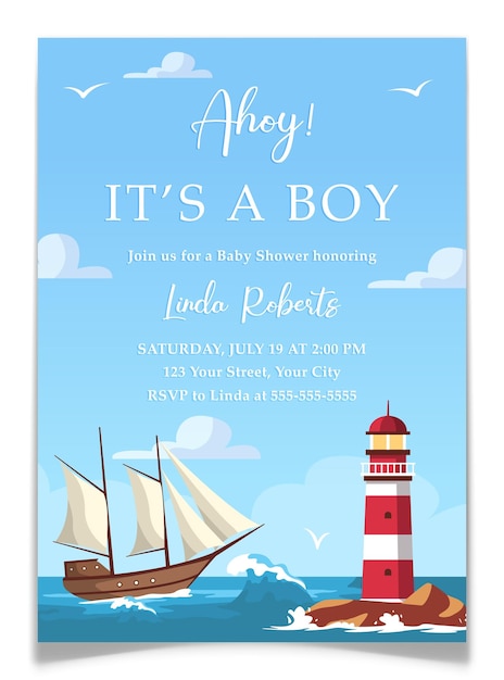 Carte postale d'invitation à une baby shower avec des paysages nautiques