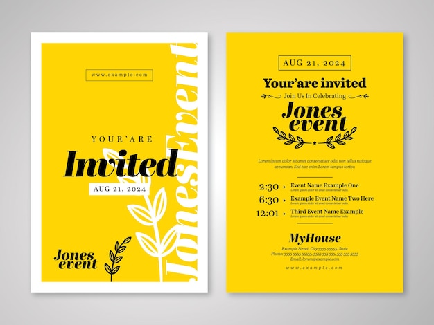 Vecteur carte postale d'invitation à l'événement avec jaune noir