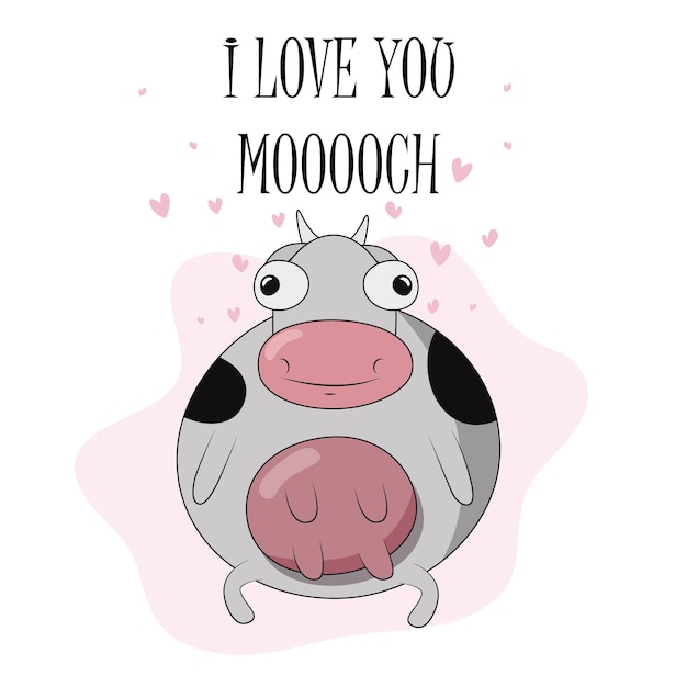 Vecteur carte postale avec une jolie vache souriante et heureuse et un texte je t'aime mooooch signifie beaucoup pour la saint-valentin