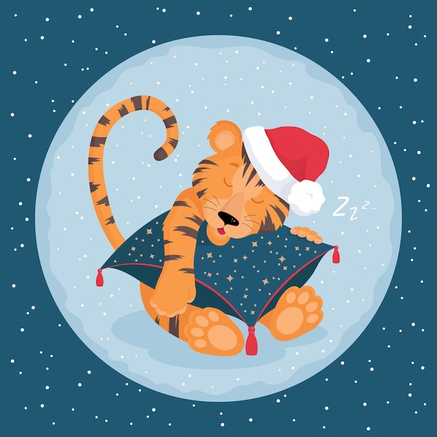 Carte postale joyeux Noël. Tigre mignon dormant sur un oreiller. Illustration vectorielle