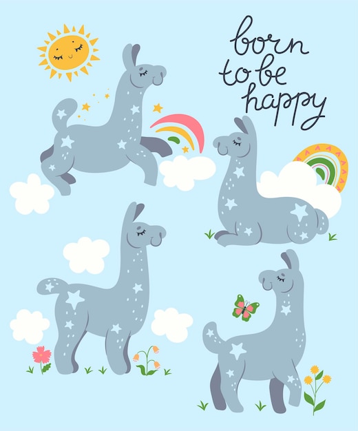 Carte Postale Avec De Mignons Lamas Et L'inscription Born To Be Happy