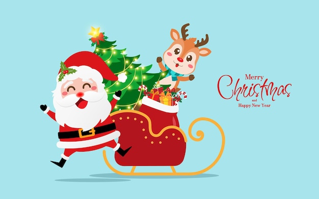 Carte postale de Noël du Père Noël et des rennes avec arbre de Noël sur traîneau Joyeux Noël