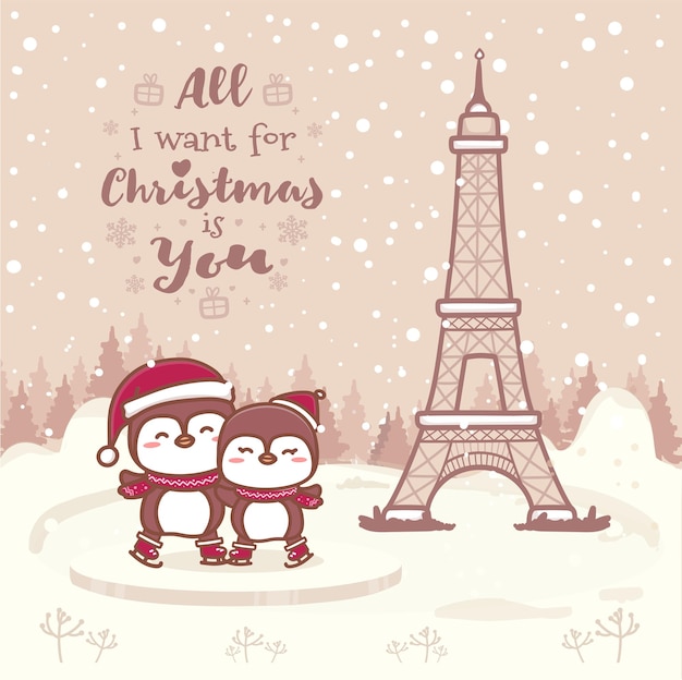 Carte Postale De Noël De La Tour Eiffel De Paris Avec Un Couple De Pingouins Et Fond De Chutes De Neige