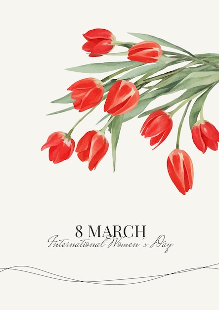 Vecteur carte postale pour la fête de la femme 8 mars joyeuse fête des mères avec des tulipes rouges à l'aquarelle couverture avec le printemps