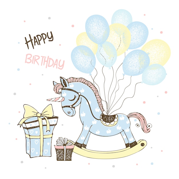 Carte Postale Pour La Naissance D'un Garçon Avec Une Licorne De Cheval Jouet Et Des Ballons Et Des Cadeaux.