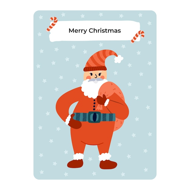 Carte postale pour les vacances d'hiver joyeux Noël nouvel an affiche avec illustration vectorielle dessinés à la main du père Noël drôle debout et tenant le sac avec des cadeaux derrière son dos Modèle de carte de voeux