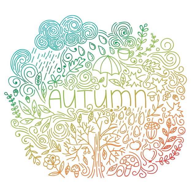 Carte Postale Saisonnière D'automne. Carte D'automne Doodle Avec Mot Automne, éléments Floraux, Nuage De Pluie Et Gouttes