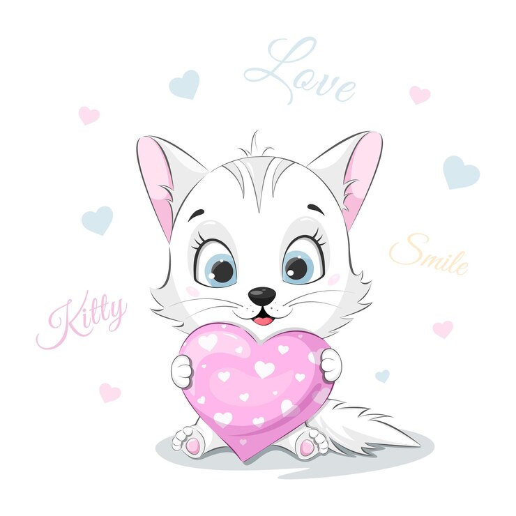 Vecteur carte postale sourire chaton avec coeur