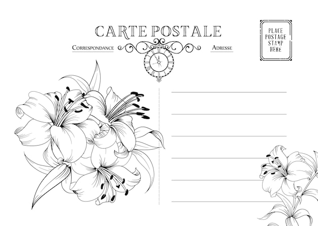 Carte postale avec des timbres postaux et des fleurs