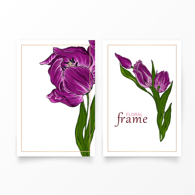 Carte Postale De Vecteur Avec Des Fleurs De Tulipe Rose Foncé Floral.