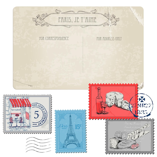 Vecteur carte postale vintage avec jeu de timbres