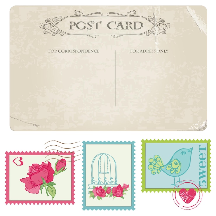 Vecteur carte postale vintage et timbres-poste - pour la conception de mariage