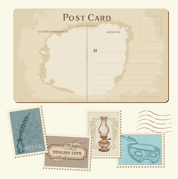 Vecteur carte postale vintage et timbres-poste